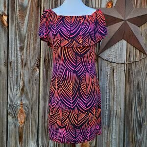 Off Shoulder Dress Trina Turk Merci Size S Navy Neon Orange Purple Print Ruffle